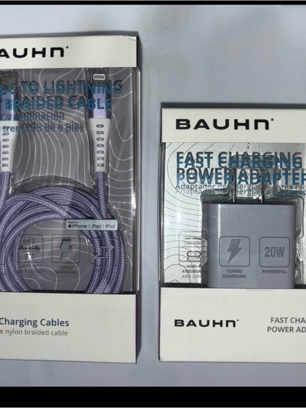 BAUHN 20W Fast Charging Power Adapter & Braided Lightning Cable for Apple Purple